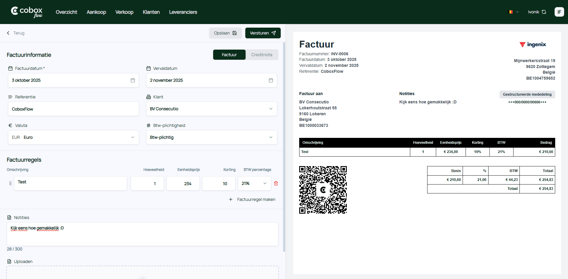 Screenshot van factuur aanmaken pagina